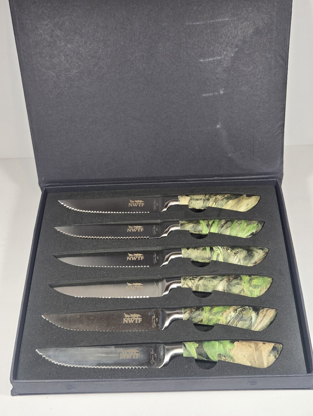 NWTF Green Camouflage Steak Knife Set - 6 Pieces Serrated Edge Blade 4.5"